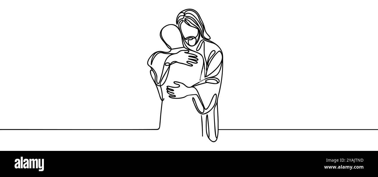 Gesù abbraccia un uomo continua a disegnare una sola linea. Illustrazione Vettoriale