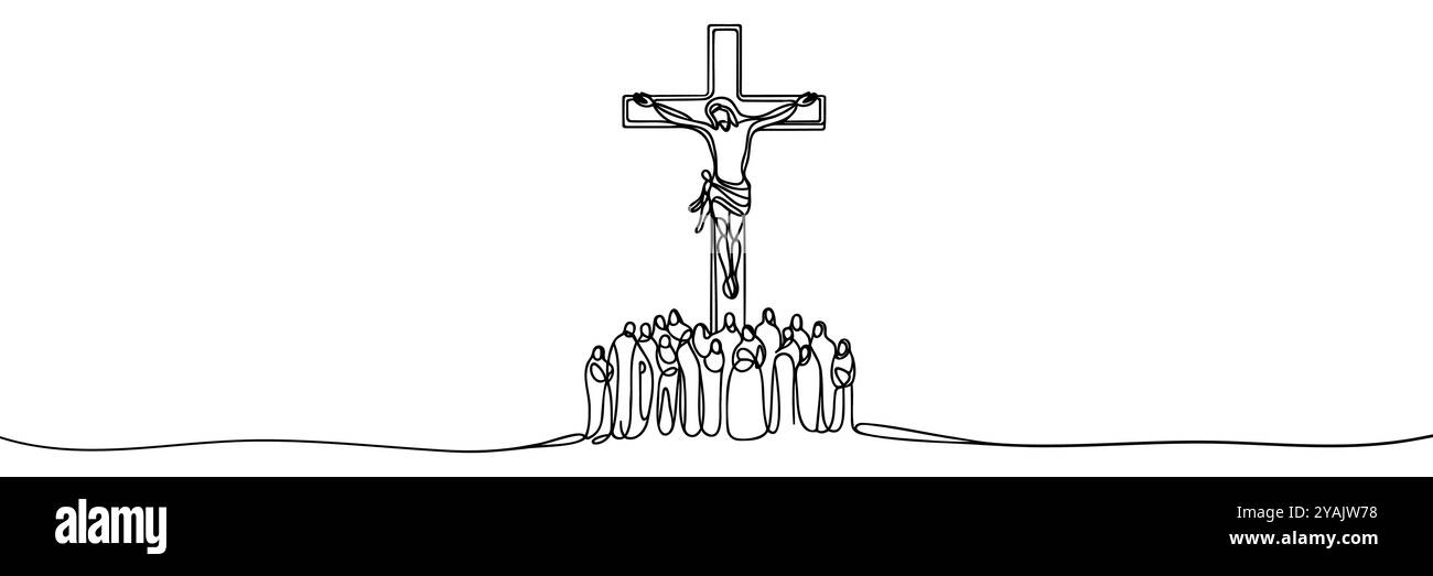 Linea continua di Gesù cristo.una linea di disegno del Signore Gesù superato.linea di arte dell'evento della crocifissione di Gesù Cristo. Illustrazione Vettoriale