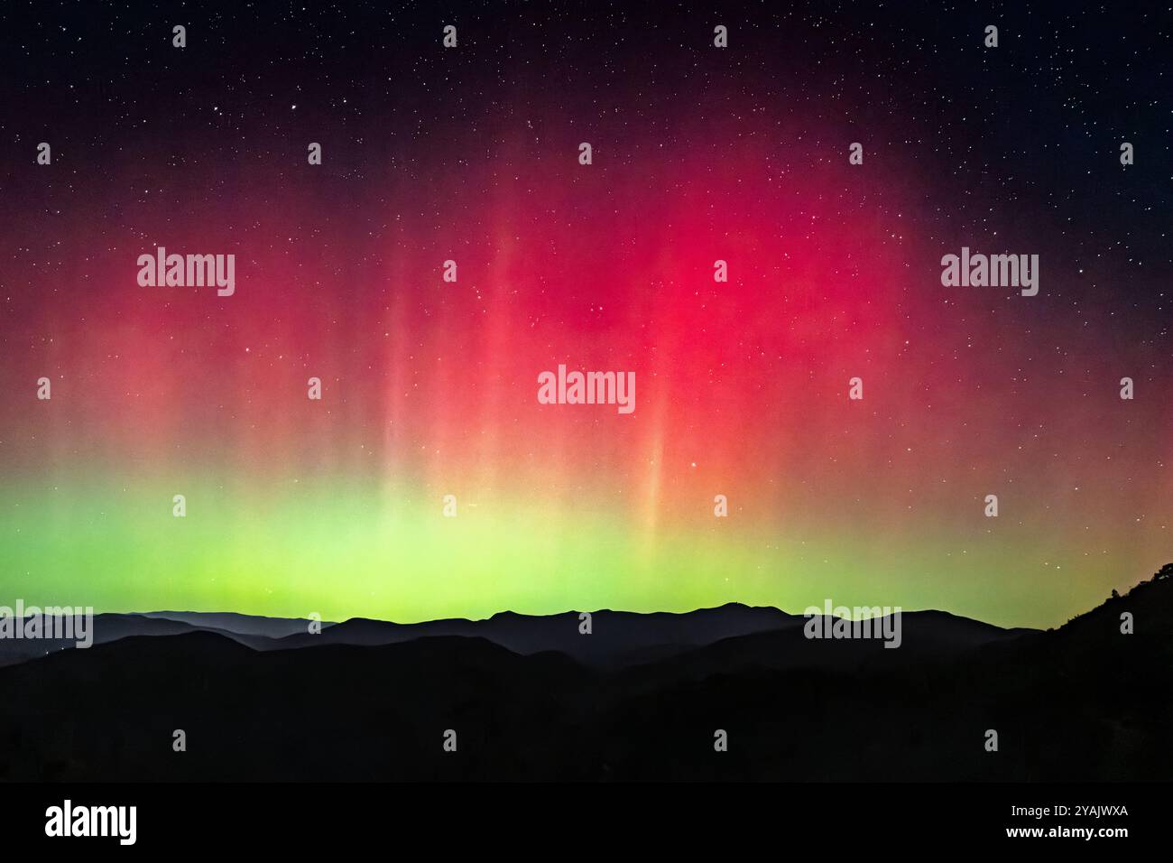 Aurora Borealis sopra i monti Appalachi nella Georgia del Nord da Hogpen Gap Lookout presso il sentiero degli Appalachi Foto Stock