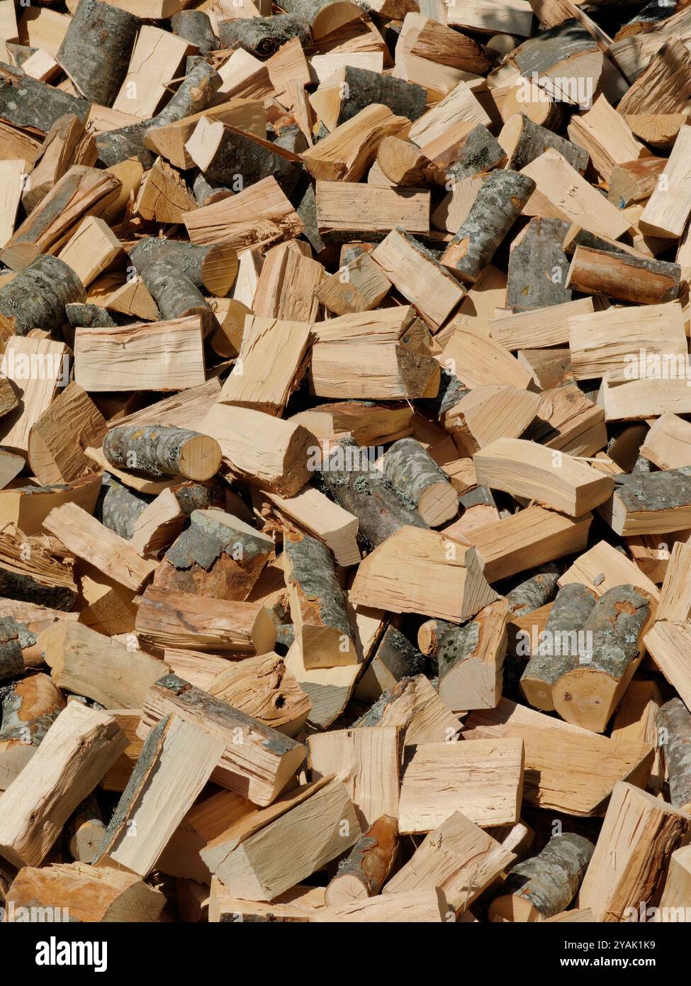 Preparazione per l'inverno: Primo piano dettagliato della legna da ardere tritata Foto Stock
