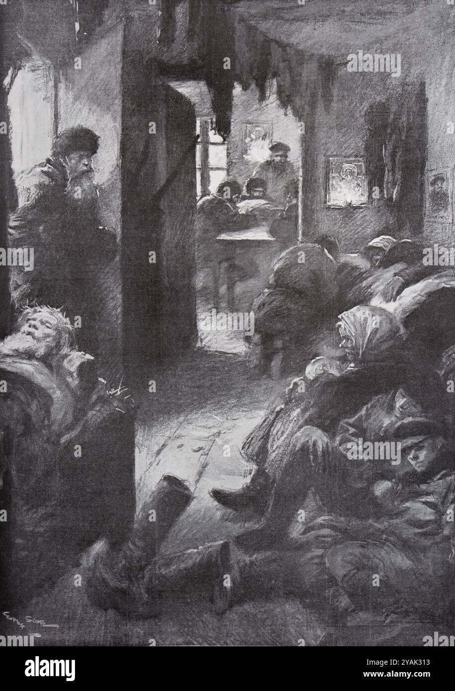 Epidemia di colera in Russia. Sistemazione per due famiglie in una casa di lavoratori poveri a San Pietroburgo. Impero russo. 1911 nel 1910, ci sono stati ufficialmente 216.091 casi di colera in Russia, con 101.002 morti. Quasi la metà di questi casi si è verificata in un unico periodo di quattro settimane: Dal 18/31 luglio al 14/27 agosto, ci sono stati 95.582 casi e 42.764 morti. Queste cifre mostrano quanto fosse violenta l'epidemia all'epoca! Foto Stock