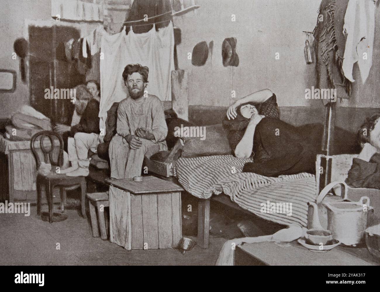 Epidemia di colera in Russia. Ci può essere una settimana o un mese di controllo dei pidocchi nei rifugi notturni di Mosca. Impero russo. 1911 nel 1910, ci sono stati ufficialmente 216.091 casi di colera in Russia, con 101.002 morti. Quasi la metà di questi casi si è verificata in un unico periodo di quattro settimane: Dal 18/31 luglio al 14/27 agosto, ci sono stati 95.582 casi e 42.764 morti. Queste cifre mostrano quanto fosse violenta l'epidemia all'epoca! Foto Stock