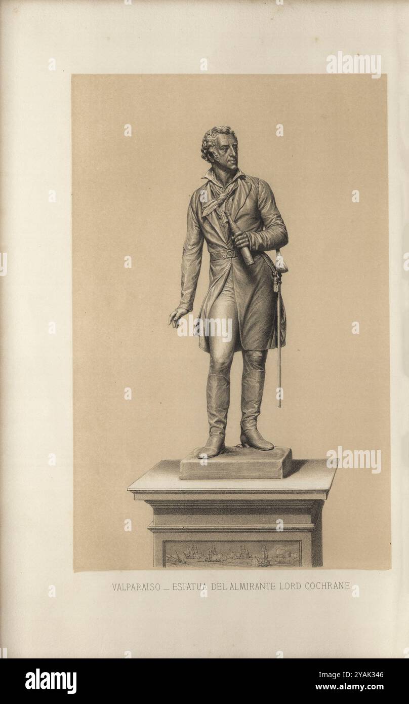 Statua dell'ammiraglio Thomas Cochrane, ammiraglio Thomas Cochrane, X conte di Dundonald GCB (1775–1860), in stile Lord Cochrane tra il 1778 e il 1831, fu un ufficiale navale, pari, mercenario e politico britannico. Servendo durante le guerre rivoluzionarie francesi e napoleoniche nella Royal Navy, i suoi successi navali portarono Napoleone a soprannominarlo le Loup des Mers (il lupo marino). Ebbe successo praticamente in tutte le sue azioni navali. Cochrane fu licenziato dalla Royal Navy nel 1814 dopo una controversa condanna per frode alla Borsa di Londra. Viaggiando in Sud America, ha contribuito ad organizzare e. Foto Stock