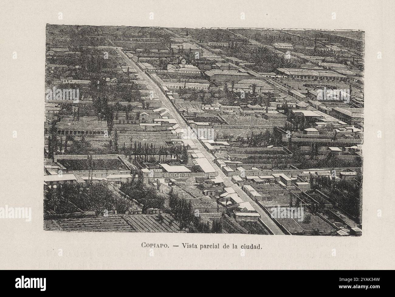 Copiapo del XIX secolo. Illustrazione d'epoca della vista parziale della città. Cile. 1872 Copiapó è un comune del Cile settentrionale, situato a circa 65 chilometri ad est della città costiera di Caldera. Fondata l'8 dicembre 1744, è il capoluogo della provincia di Copiapó e della regione di Atacama. Foto Stock