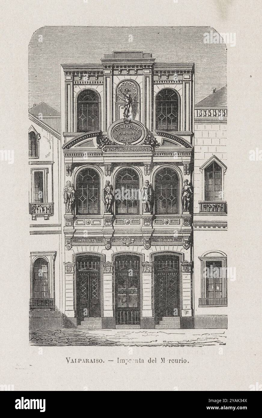 Valparaiso del XIX secolo. Illustrazione vintage della Stampa del mercurio. Cile. 1872 quello del mercurio appartiene all'autore di questa opera e a D. Camilo Letelier, per la ragione sociale di Tornero i Letelier. Ha pubblicato il giornale “El mercurio”, il cui primo numero è apparso il 12 agosto 1827 su un foglio di cartoleria comune, da pubblicare due volte a settimana. Foto Stock