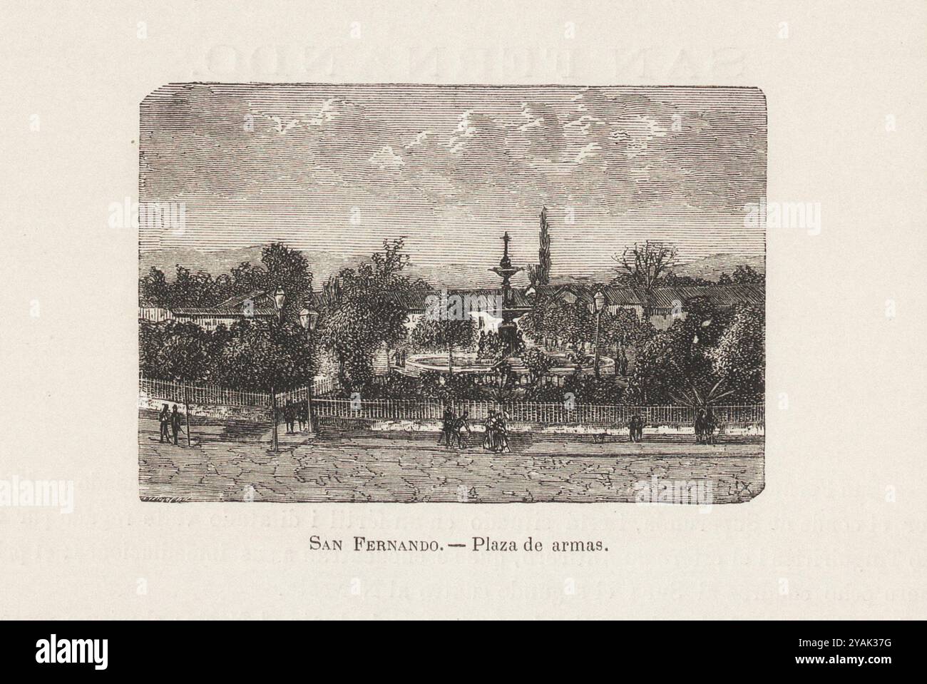 San Fernando del XIX secolo. Illustrazione vintage della piazza principale. Provincia di Colchagua, Cile. 1872 Foto Stock