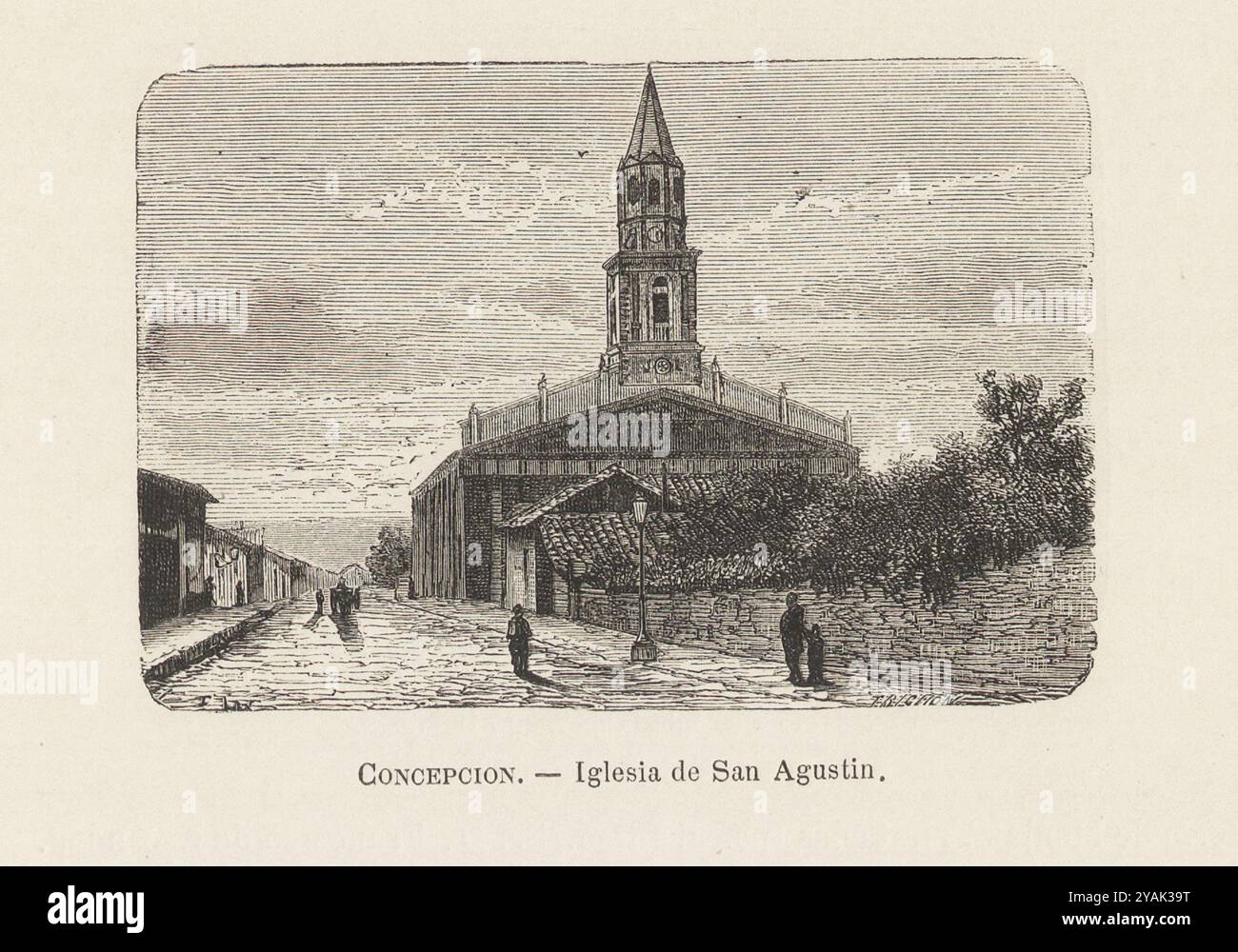 Concepcion del XIX secolo. Illustrazione vintage della chiesa di Sant'Agostino. Cile. 1872 Convento di San Agustin. Questo convento occupa un isolato quadrato tra le strade di Galvarino e San Martin. I lavori sulla chiesa iniziarono nel 1804 e continuarono fino al 1810, quando fu paralizzata a causa della guerra d'indipendenza. Foto Stock