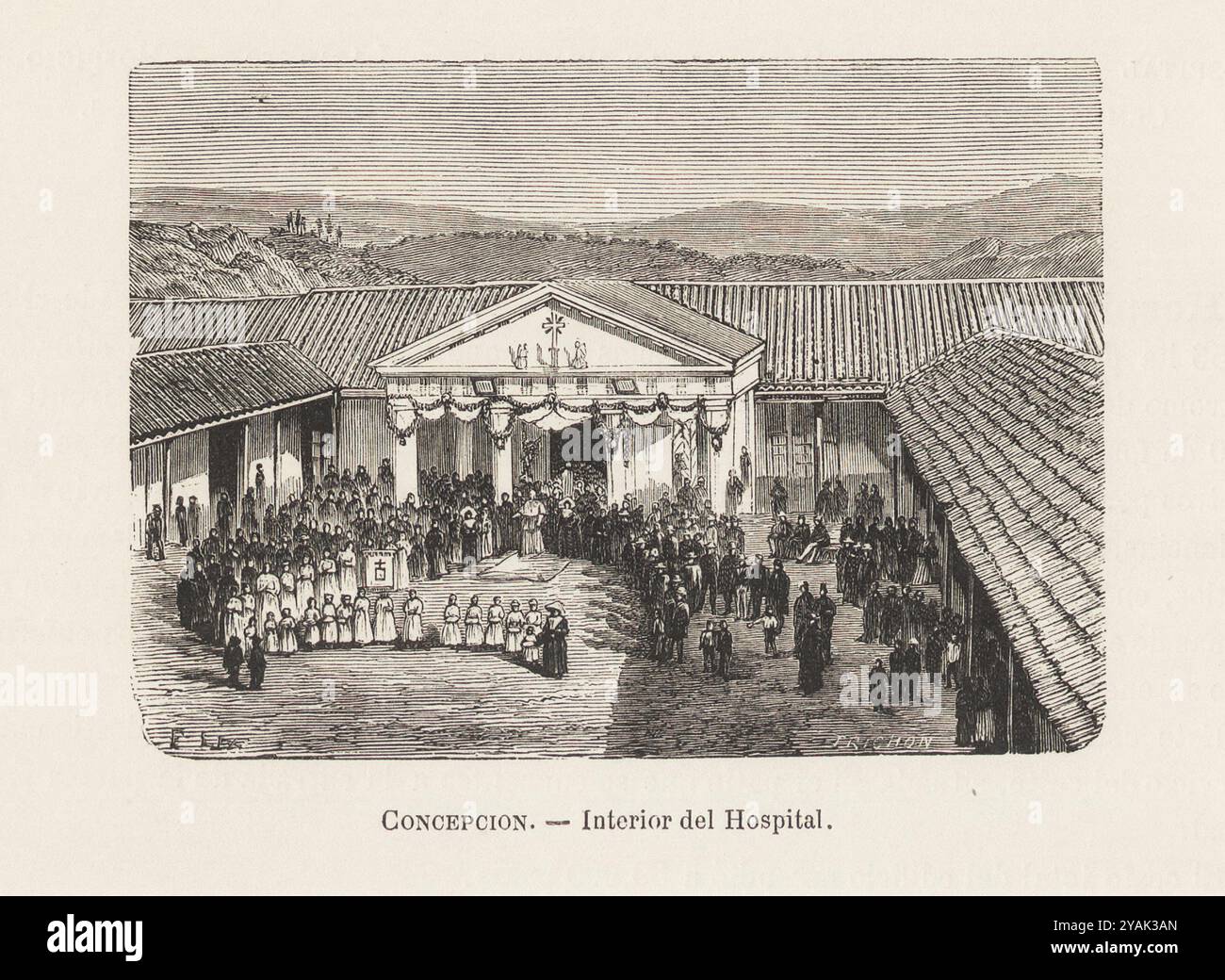 Concepcion del XIX secolo. Illustrazione vintage degli interni dell'ospedale cittadino. Cile. 1872 ospedale maschile. Questo nuovo stabilimento, che ha iniziato a fornire i servizi per i quali è stato costruito nel 1856, si trova alla fine di Cochrane Street ad est della città. Foto Stock