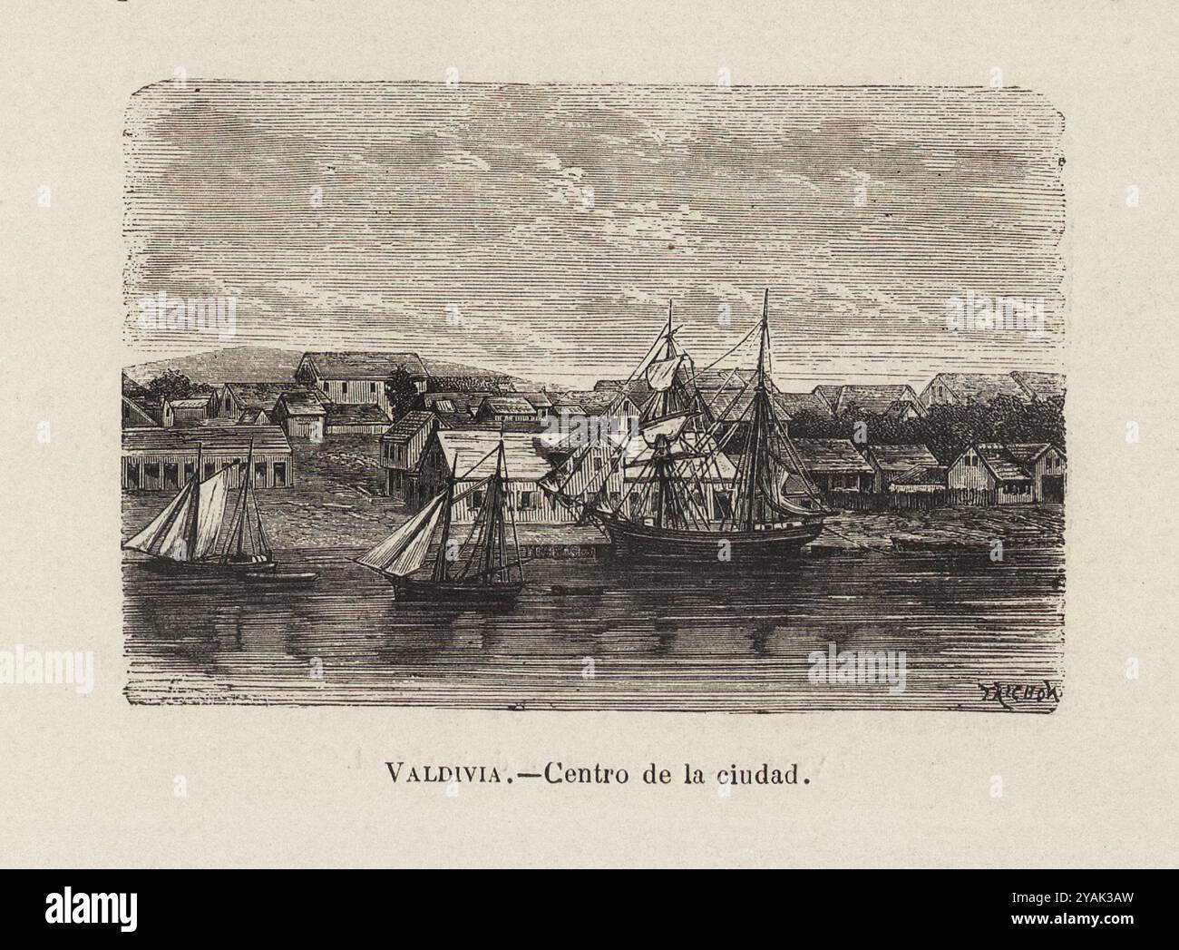 Cile del XIX secolo. Illustrazione vintage del centro di Valdivia. Provincia di Valdivia, Cile. 1872 Foto Stock