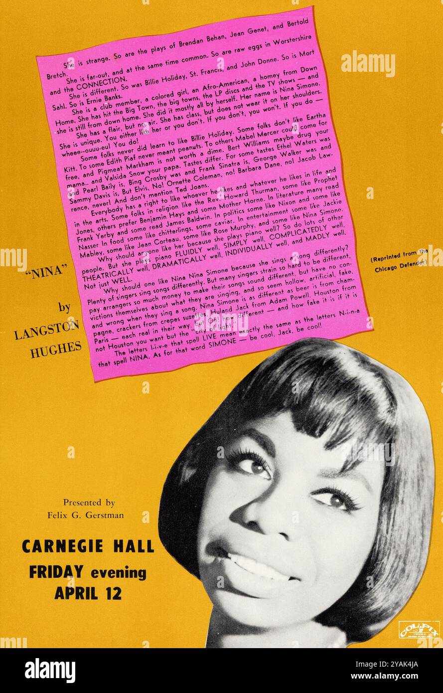 Nina Simone, 12 aprile 1963 Carnegie Hall, New York City Concert Handbill, backside of Flyer con testo su Nina di Langston Hughes Foto Stock