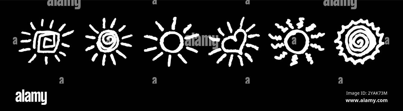 Un set di divertimento come il bambino che disegna il sole bianco. Collezione dipinta con pastelli pastello o icone assolate a cera. Simboli del cielo estivo. Consistenza grezza del gesso Illustrazione Vettoriale