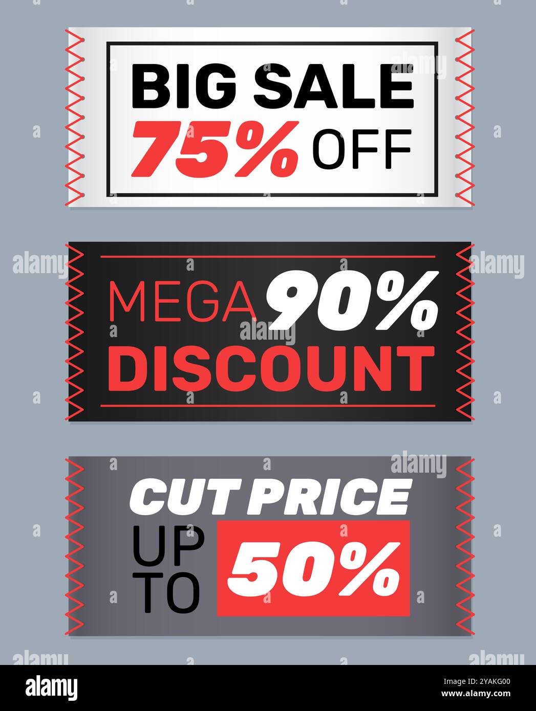 Etichette tessili cucite. Etichette per abiti in tessuto con testi di vendita. Elementi di design dello shopping. Informazioni sui prezzi dimezzati sulle patch con cuciture. Promozione offerta. D Illustrazione Vettoriale