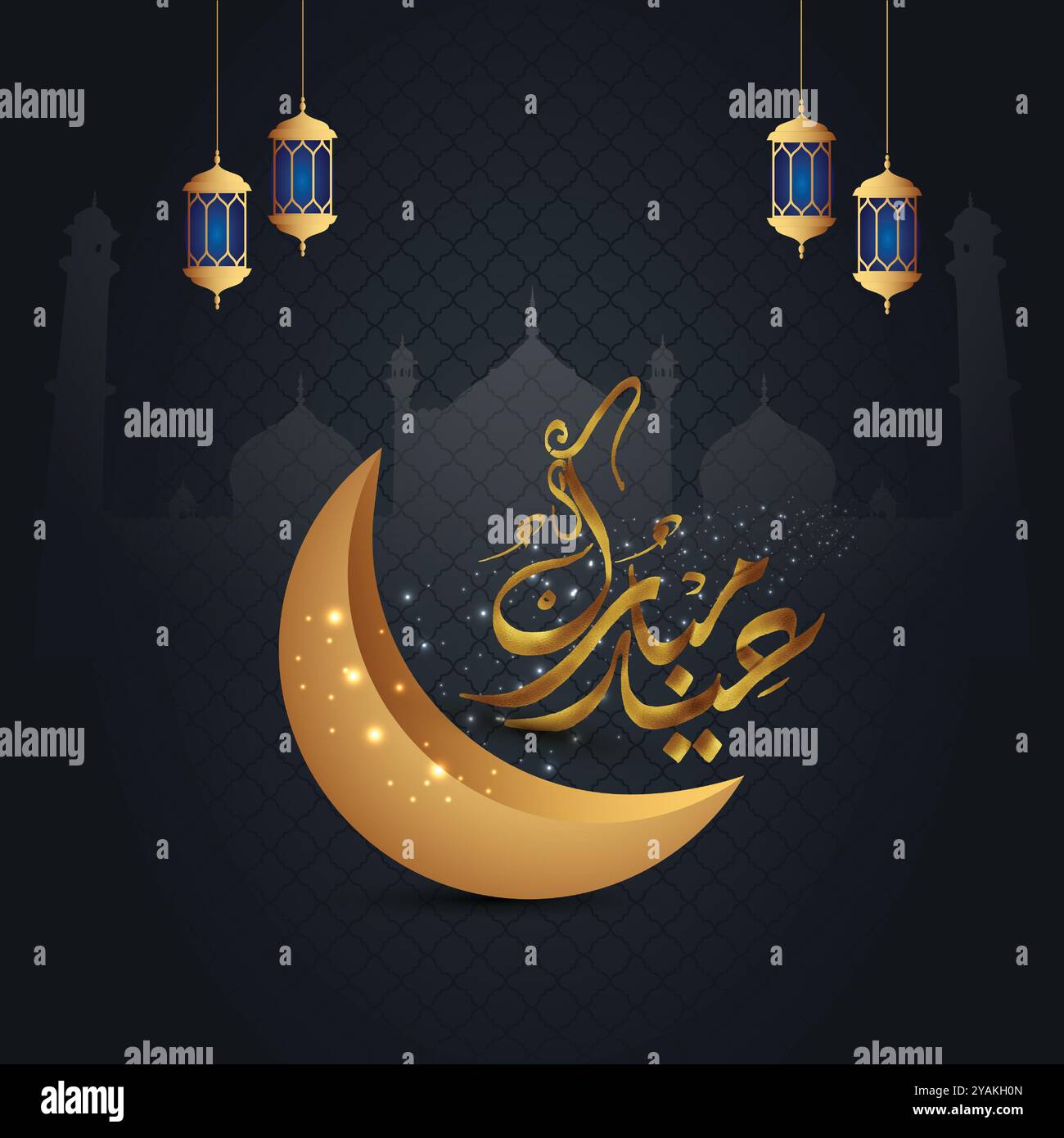EID Mubarak con Golden Moon con sfondo nero, Social Media Post Vector Art Illustrazione Vettoriale