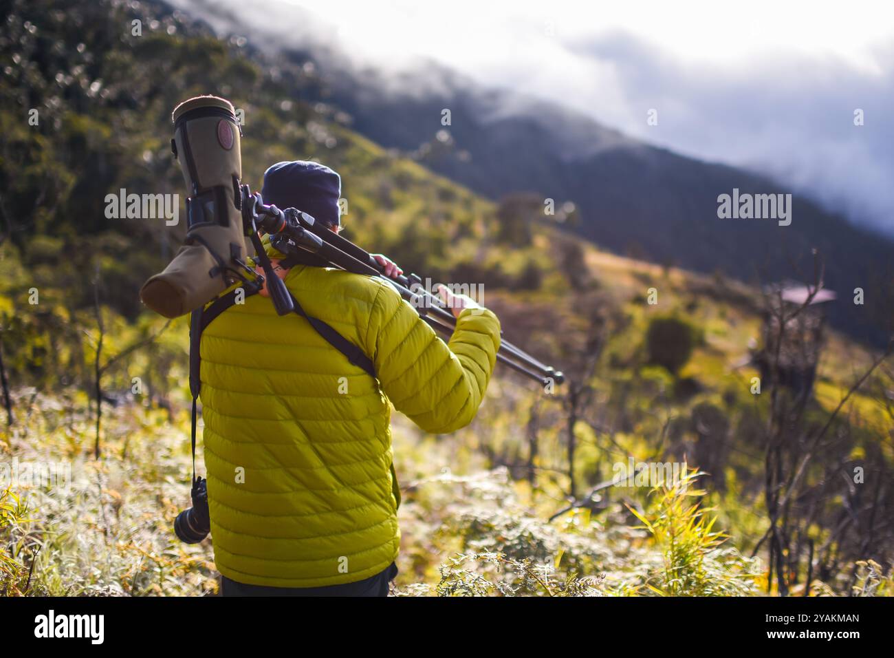 Giovane che fa trekking sulle montagne della Sierra Nevada de Santa Marta, Colombia Foto Stock