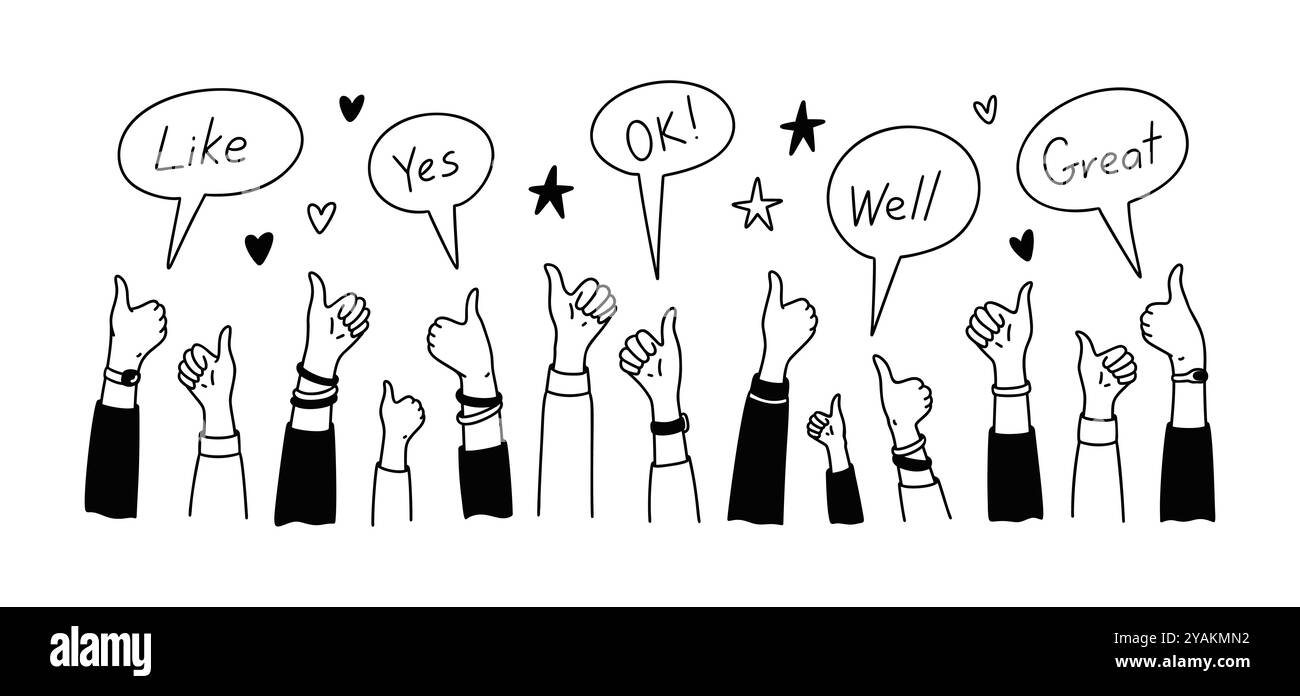 Mani in alto sullo sfondo di scarabocchi. I social media pubblicano come. Messaggistica online. Comunicazione e rete delle persone. Un lavoro di squadra efficace. Bolla di discorso con tipo, y Illustrazione Vettoriale