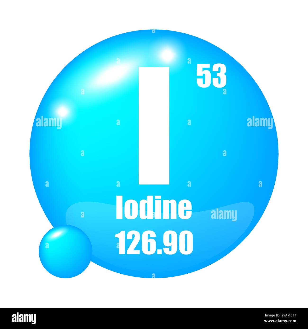 Icona iodio. I elemento chimico. Numero atomico 53. Massa 126.90. Immagine sfera blu. Simbolo vettoriale. Illustrazione Vettoriale