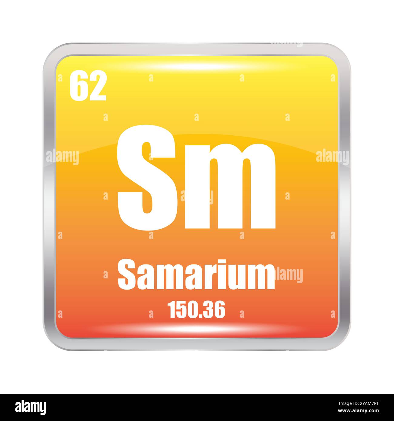 Icona del samario. Elemento chimico SM. Numero atomico 62. Massa 150.36. Immagine quadrata arancione. Illustrazione Vettoriale