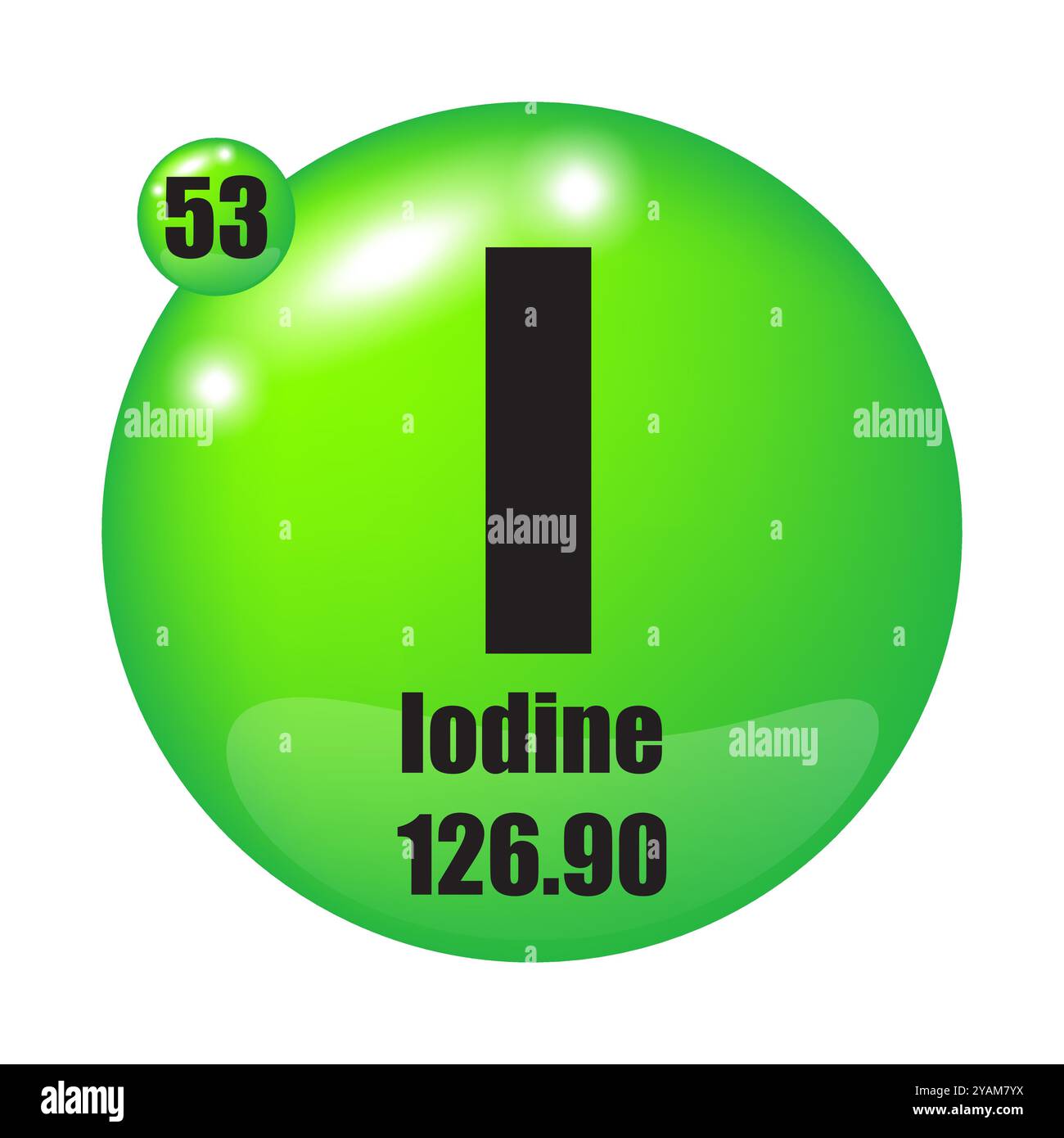 Icona iodio. I elemento chimico. Numero atomico 53. Massa 126.90. Immagine sfera verde. Simbolo vettoriale. Illustrazione Vettoriale