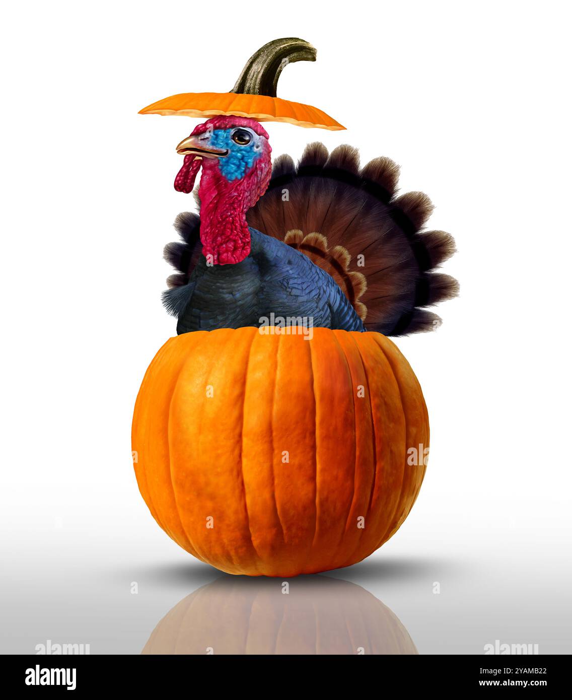 Zucca del Ringraziamento tacchino e zucche scolpite di Halloween come divertente festival autunnale e celebrazione autunnale come divertente simbolo del festival del raccolto. Foto Stock
