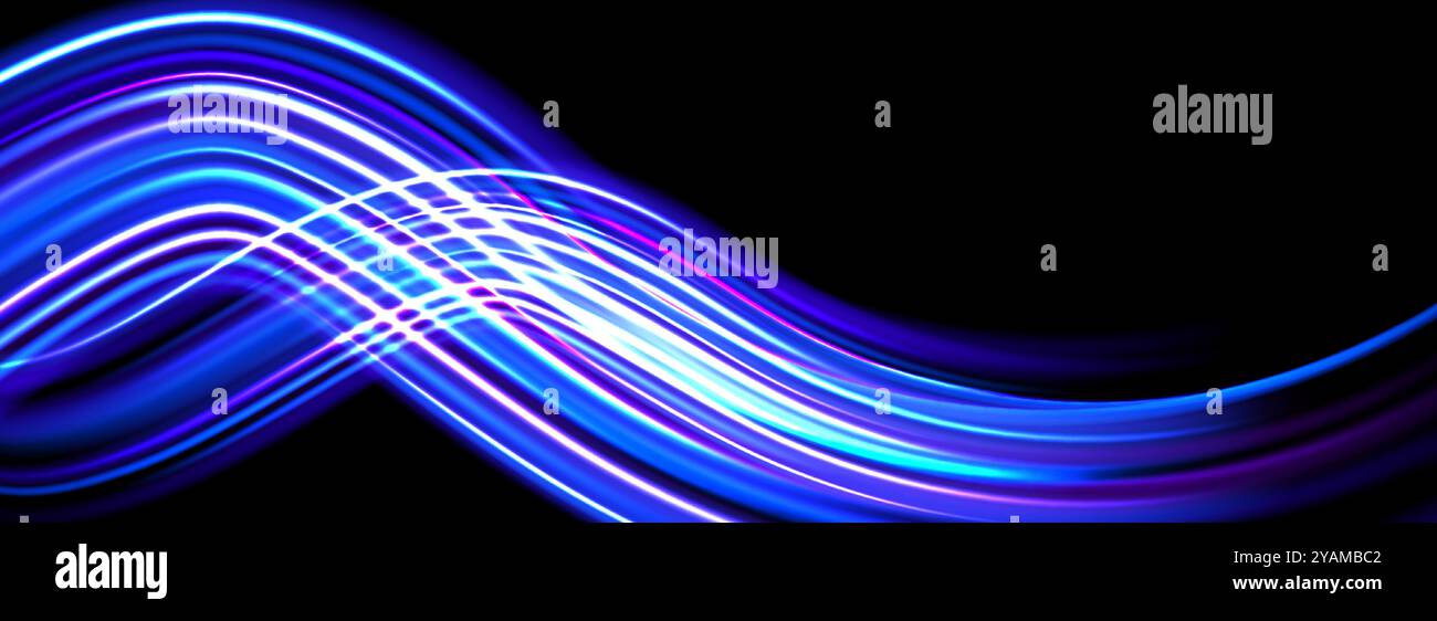 Sfondo luminoso al neon. Linee di velocità Swoosh blu iridescente. Concetto di percorso curvo luminoso magico. Strisce dinamiche astratte. Lunghe strisce di esposizione per poster, striscioni e volantini. Vettore Illustrazione Vettoriale