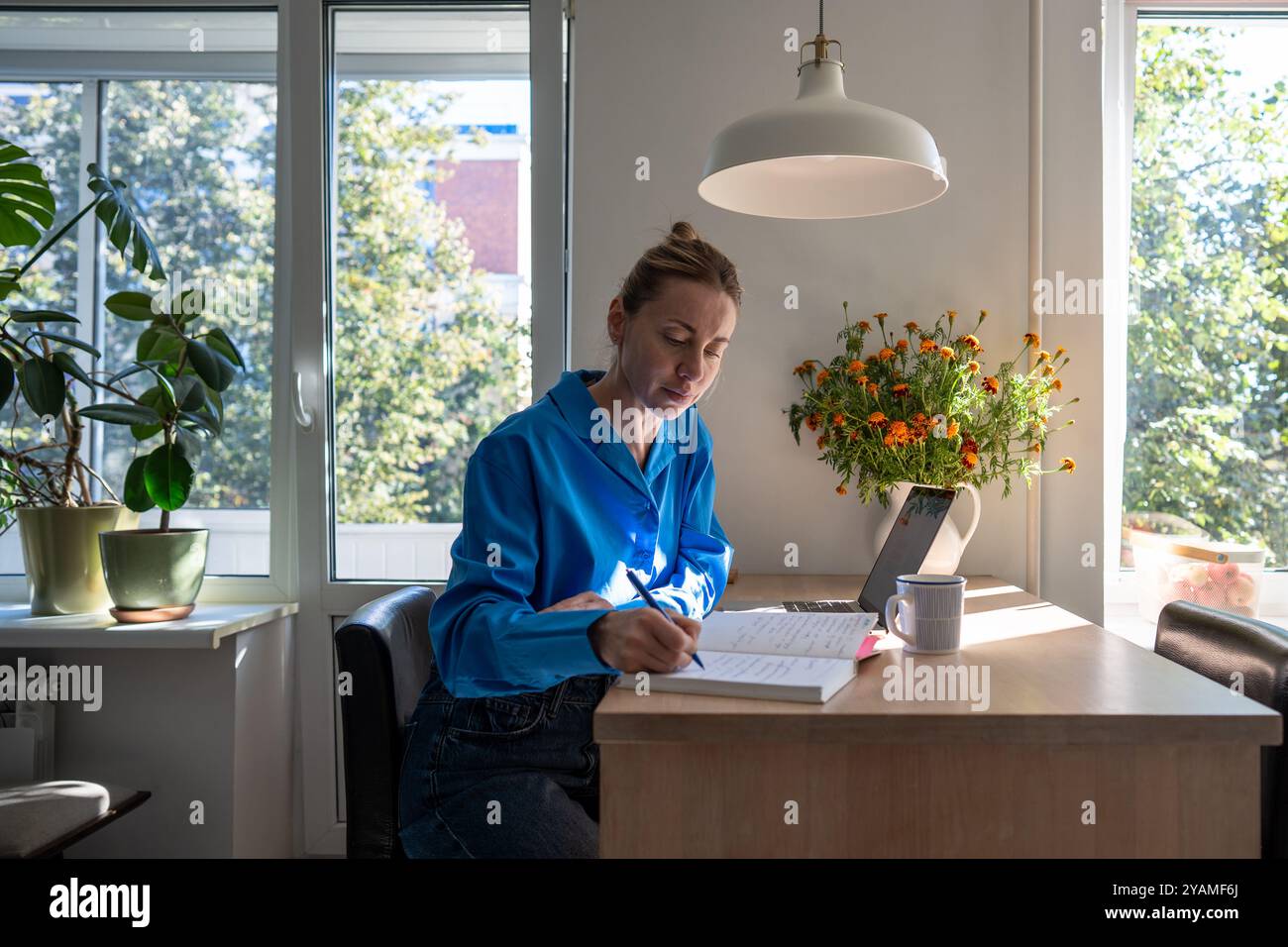 Una donna concentrata e confortevole lavora a casa scrivendo appunti nell'agenda giornaliera, seduto a un tavolo con un laptop. Foto Stock