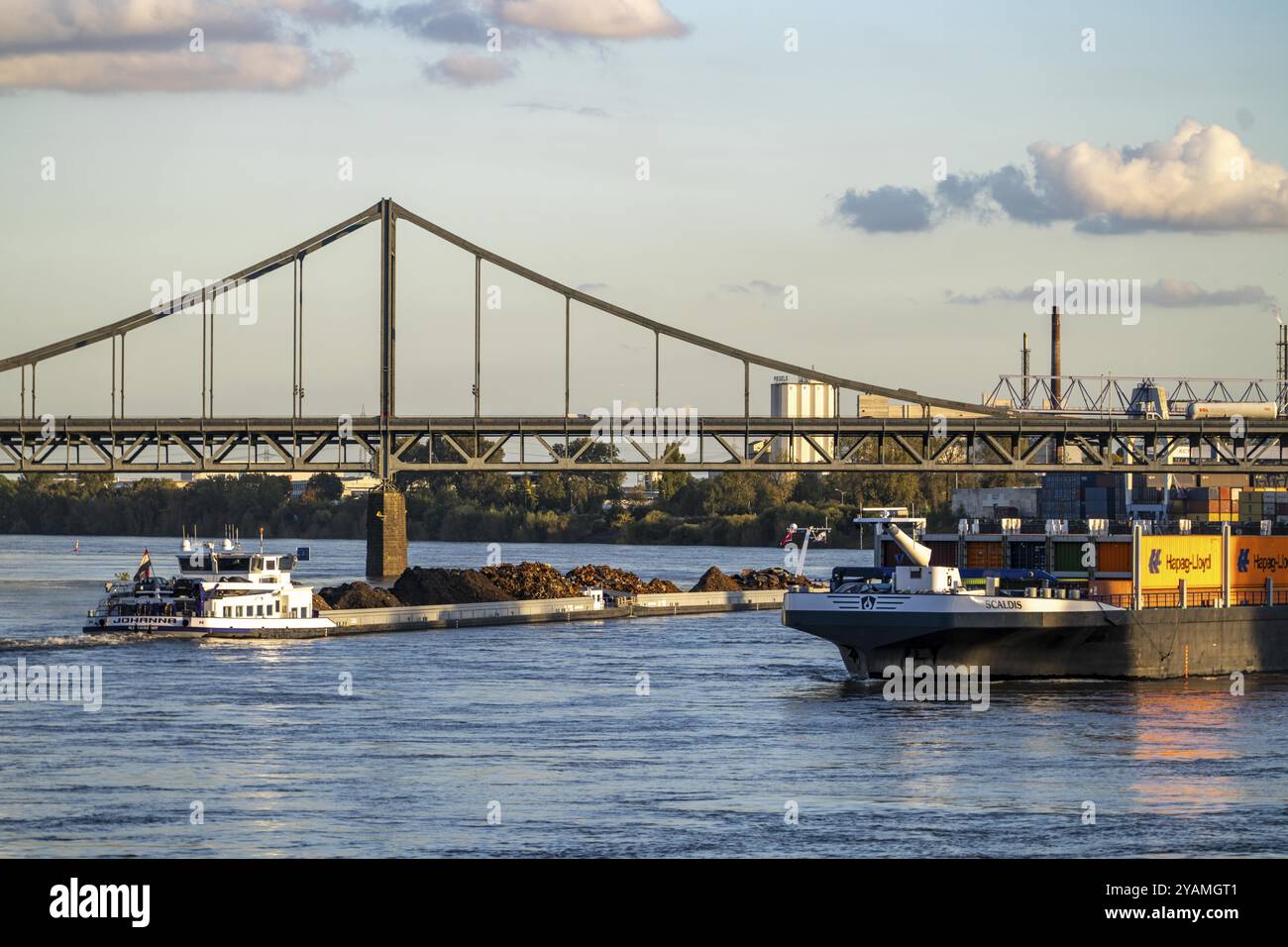 Nave da carico, cargo container, ponte Krefeld-Uerdingen sul Reno, vicino a Krefeld-Uerdingen, Renania settentrionale-Vestfalia, Germania, Europa Foto Stock