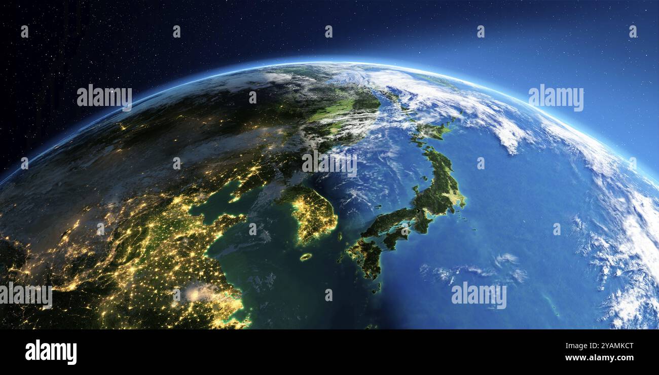 Terra estremamente dettagliata con atmosfera, sollievo esagerato e città inondate di luce. Passaggio dalla notte al giorno. Corea e Giappone. Rendering 3D. Eleme Foto Stock