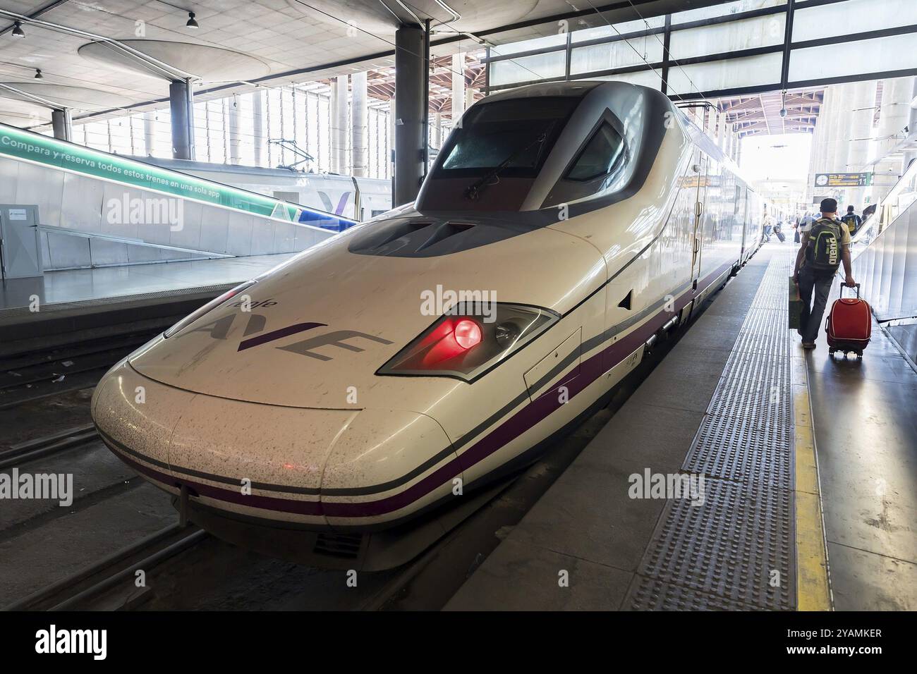 Il treno ad alta velocità arriva a Madrid Atocha, hub per i treni pendolari e regionali, nonché servizi AVE in tutta la Spagna Foto Stock
