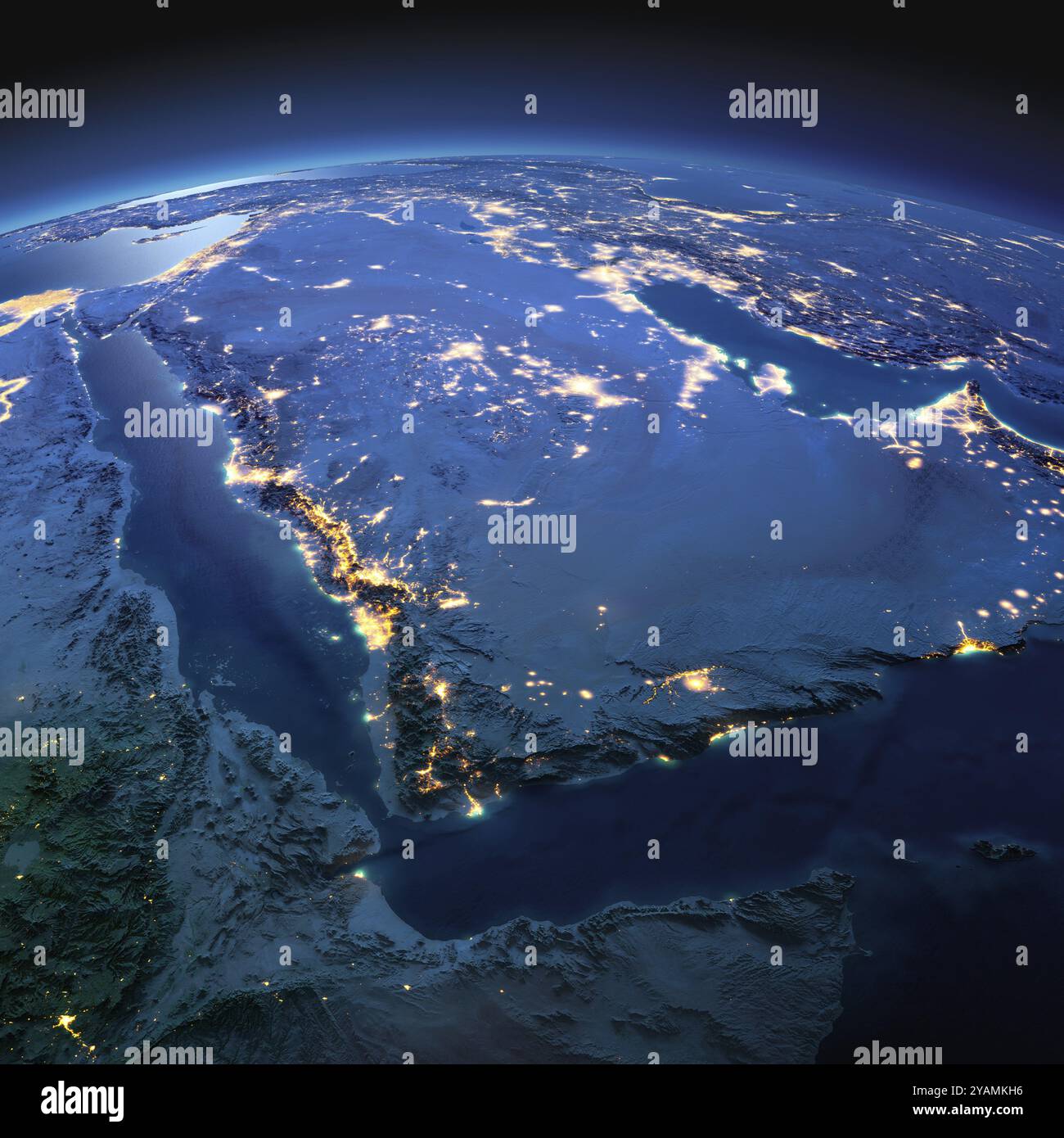 Pianeta notturno Terra con dettagli precisi in rilievo e luci della città illuminate dalla luce della luna. Arabia Saudita. Elementi di questa immagine forniti dalla NASA Foto Stock