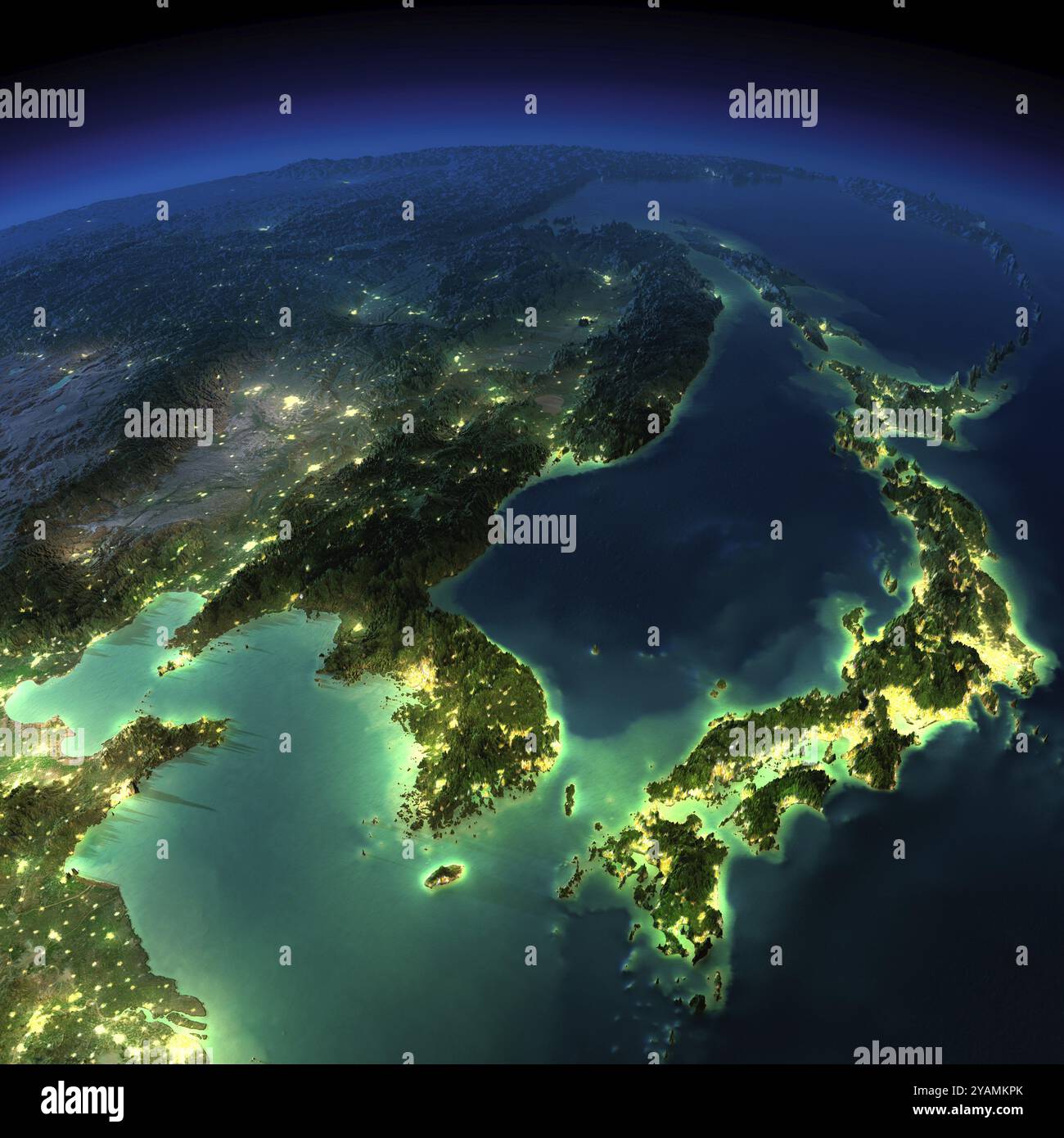 Terra estremamente dettagliata, illuminata dalla luce della luna. Il bagliore delle città fa luce sui dettagli del terreno esagerato e sull'acqua traslucida dell'oceano Foto Stock