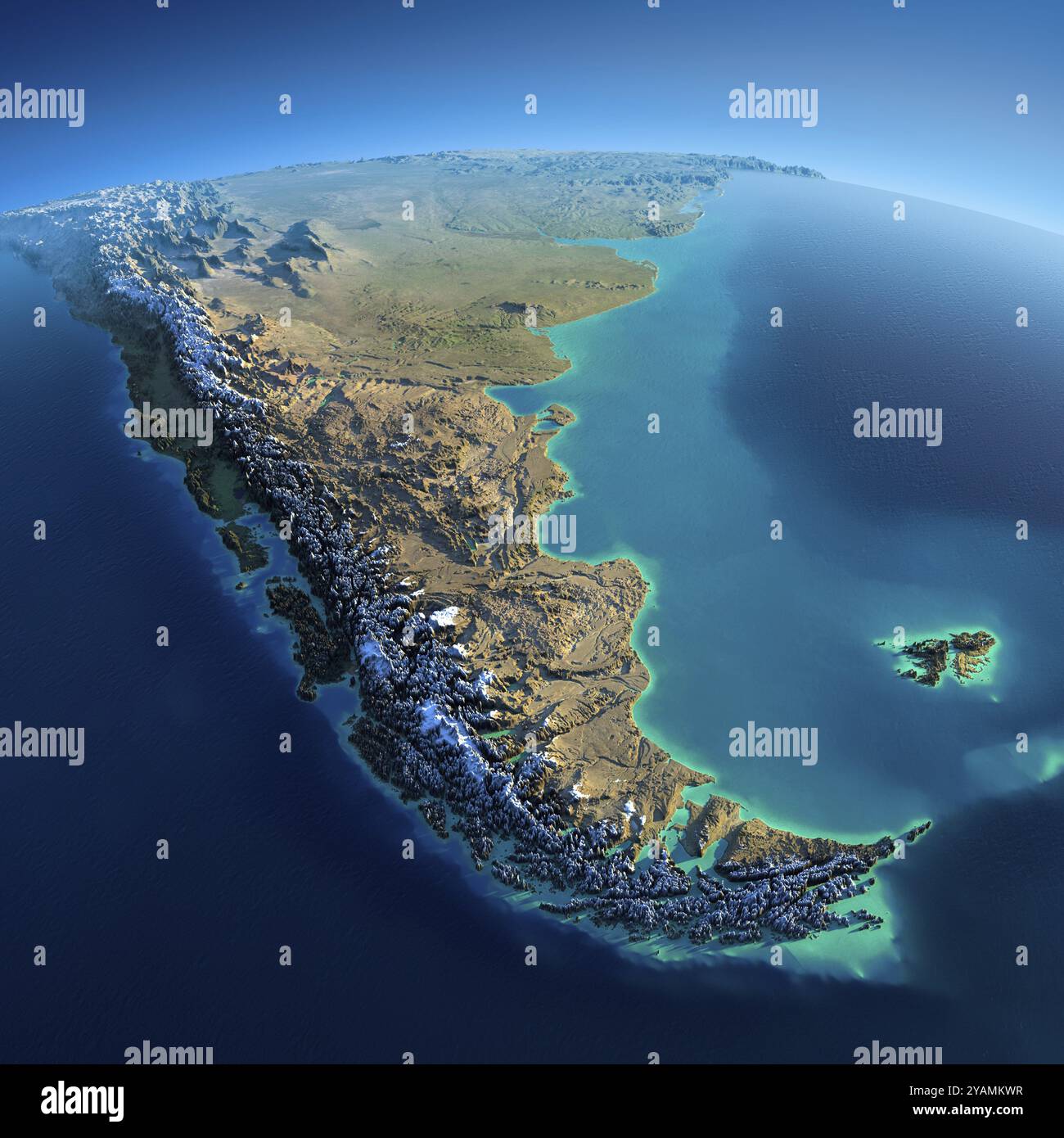 Pianeta Terra molto dettagliato al mattino. Un sollievo esagerato e preciso al sole del mattino. Terra dettagliata. Sud America. Tierra del Fuego. Elementi di Foto Stock