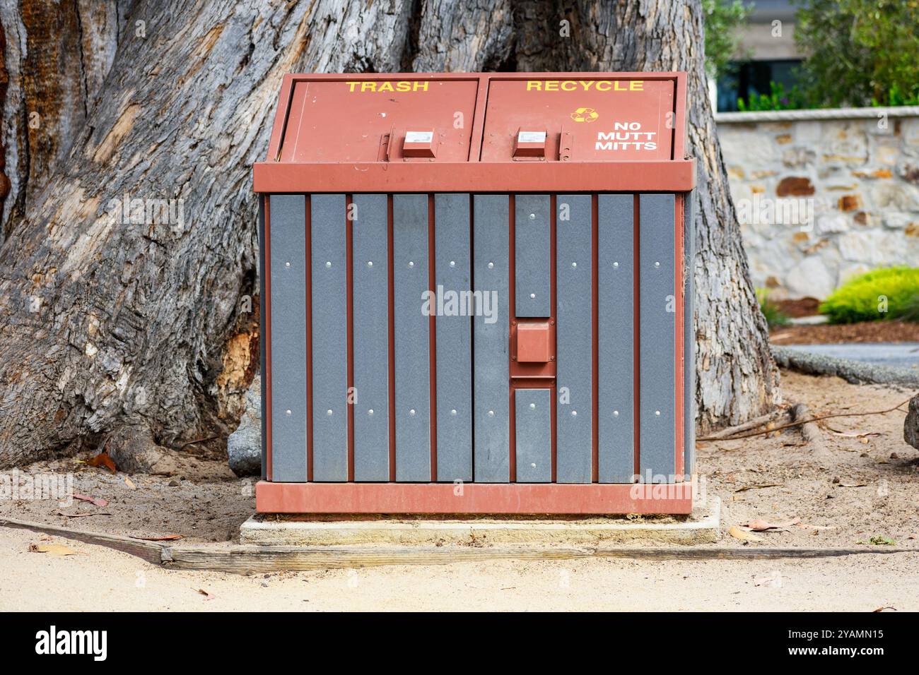 Un cestino a doppio scomparto a prova di animali e un cestino per il riciclaggio con sezioni etichettate. Nessun segno Mutt Mitts Foto Stock