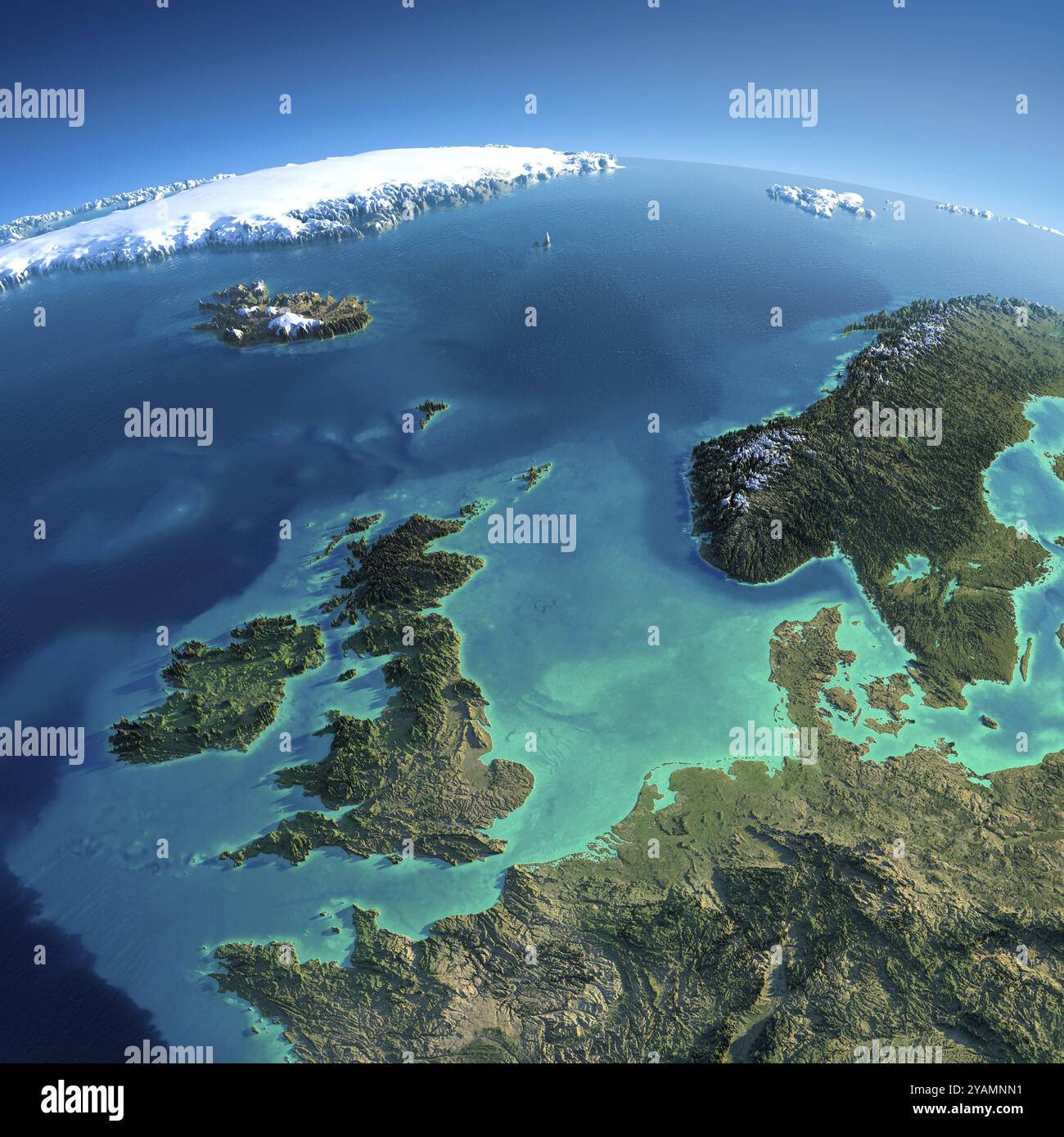 Pianeta Terra molto dettagliato al mattino. Un sollievo esagerato e preciso al sole del mattino. Terra dettagliata. Regno Unito e Mare del Nord. Elementi di Foto Stock