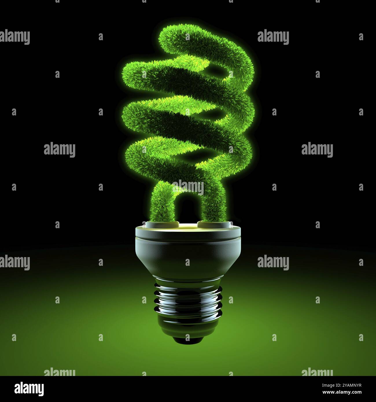 La metafora delle lampadine a risparmio energetico, il tubo ritorto in vetro è ricoperto di erba e risplende nell'oscurità Foto Stock