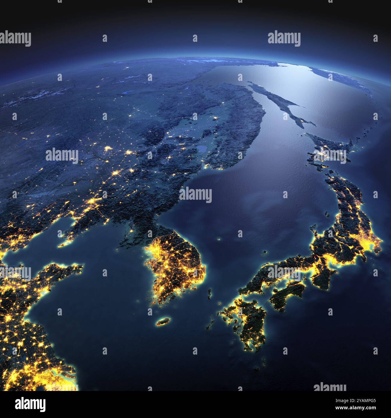 Pianeta notturno Terra con dettagli precisi in rilievo e luci della città illuminate dalla luce della luna. Corea e Giappone. Elementi di questa immagine forniti dalla NASA Foto Stock