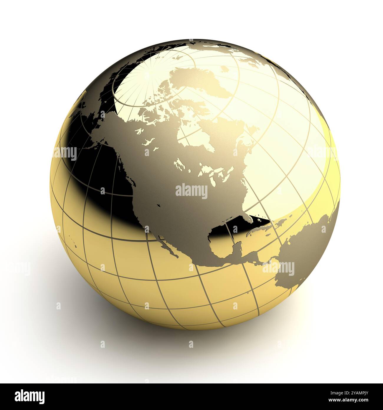 Globo metallico della Terra con una tonalità dorata come è stato fotografato in studio. Grafica 3D. Foto Stock