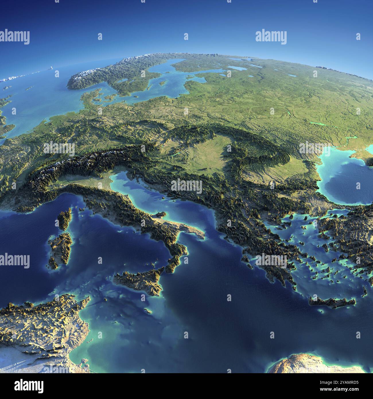 Pianeta Terra molto dettagliato al mattino. Un sollievo esagerato e preciso al sole del mattino. Parte dell'Europa, dell'Italia, della Grecia e del Mediterraneo. Elem Foto Stock