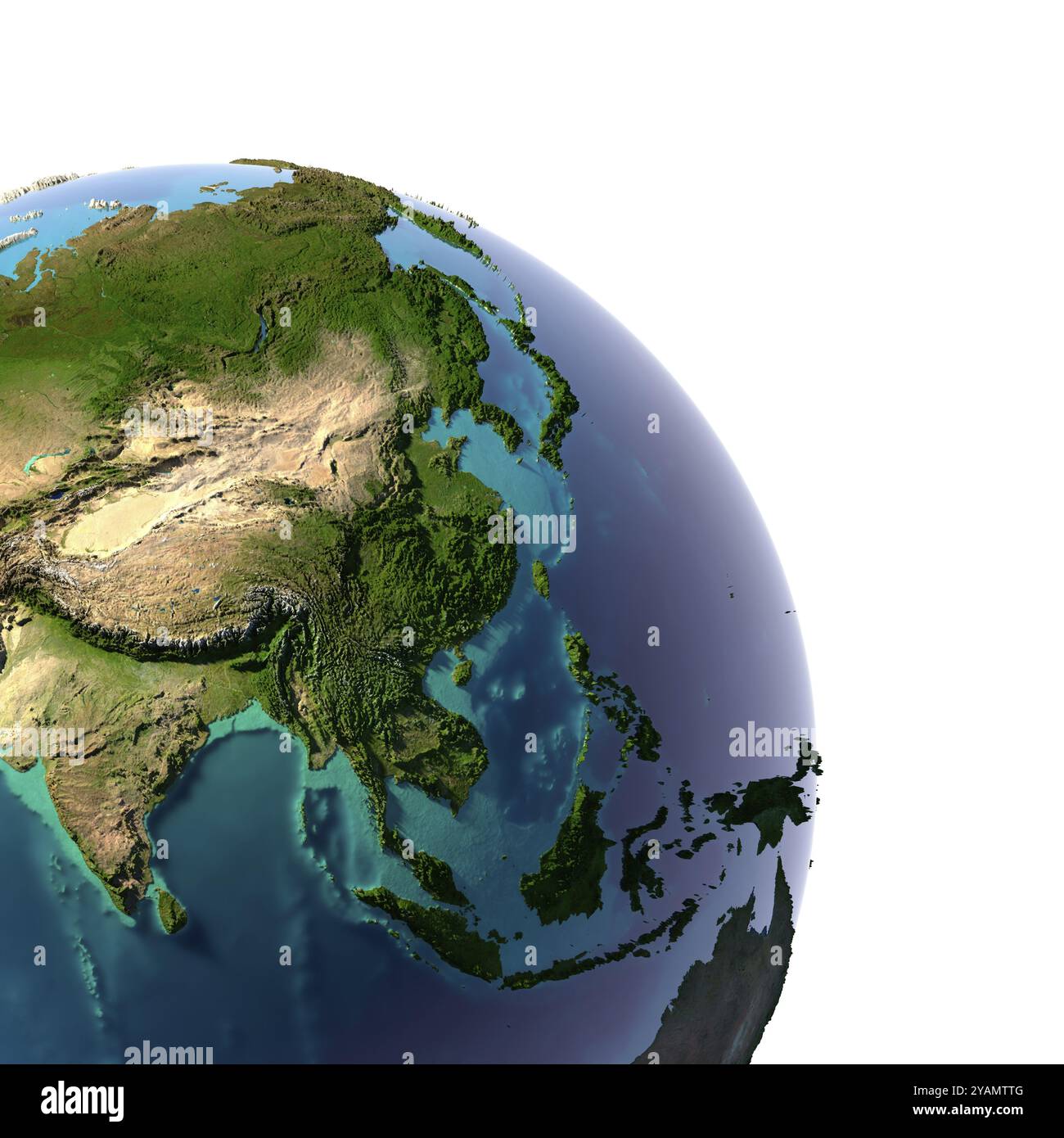 Terra con acqua traslucida negli oceani e la topografia dettagliata dei continenti. Un frammento dell'Asia e dell'Oceania. Isolato su bianco Foto Stock