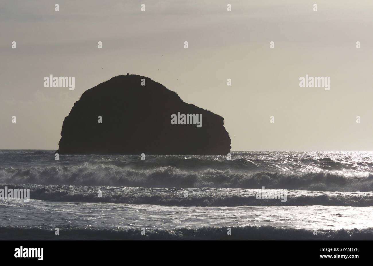 Trebarwith Strand si trova a poco più di tre chilometri da Tintagel, lungo la costa settentrionale della Cornovaglia, circondata da Gull Rock. La spiaggia di sabbia diventa co Foto Stock