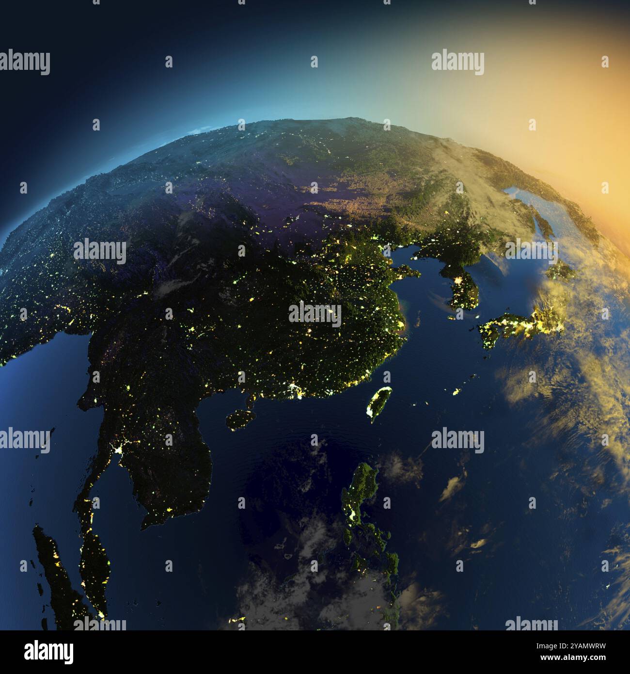 Vista notturna dell'Asia dal satellite alle luci scintillanti delle città all'alba da est Foto Stock