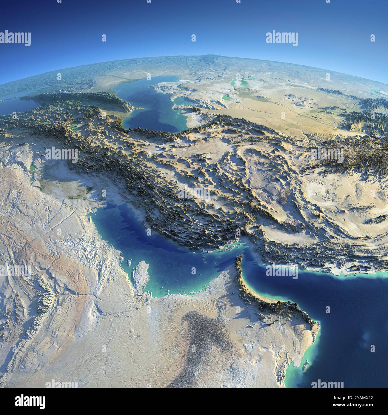Altamente dettagliata del pianeta Terra al mattino. Esagerato rilievo precise accesa morning sun. Il golfo persico. Gli elementi di questa immagine fornita dalla NASA Foto Stock