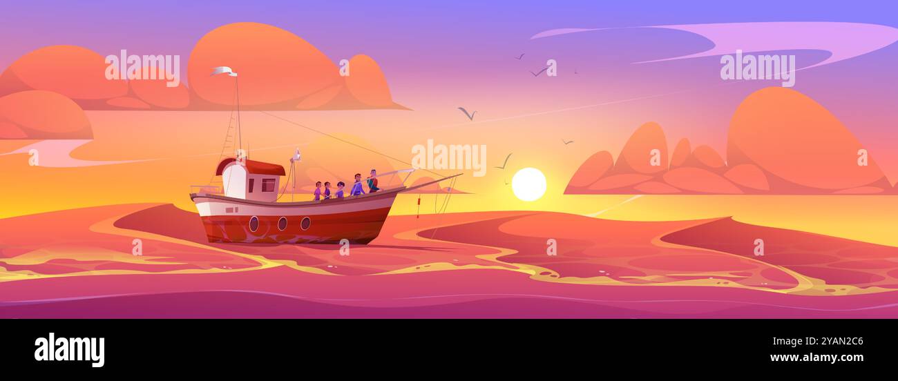 Nave da pesca e cielo al tramonto sullo sfondo dei vettori marini. Pescherecci da traino commerciali che catturano cibo nell'acqua dell'oceano. Rosa e arancio per l'illustrazione di giochi nautici. Bambini con padre in avventura di pesca Illustrazione Vettoriale