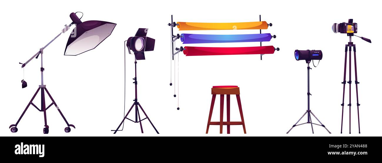Fotocamera per studio fotografico e cartoni animati leggeri. Scatta attrezzature per hobby e sgabello in legno per il modello. Design professionale per riprese con riflettore, diffusore e rullo dietro le quinte in giallo, rosso, blu. Illustrazione Vettoriale