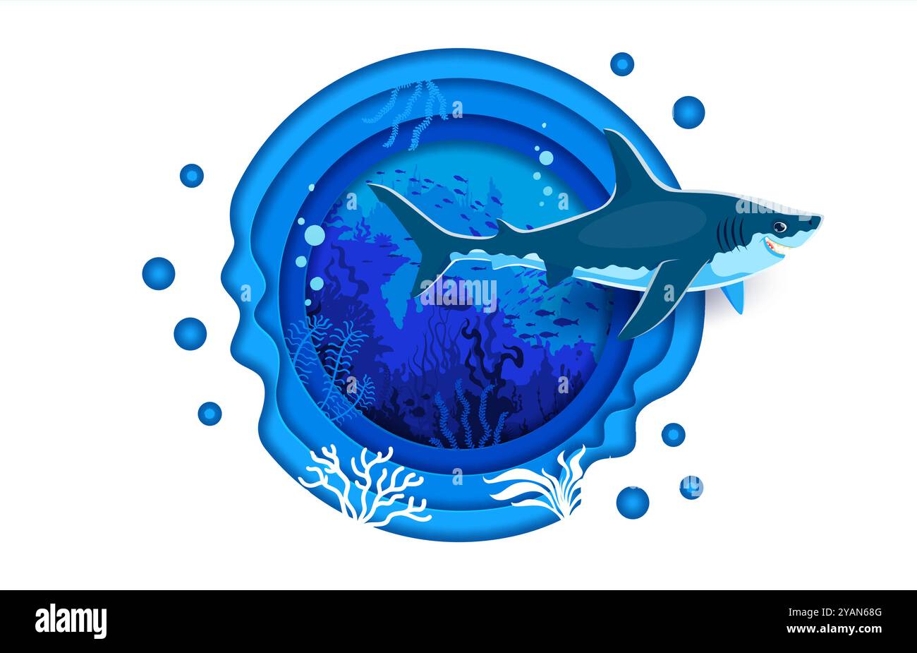 La carta cartoni animati taglia il paesaggio sottomarino con divertenti squali e pesci sottomarini, striscioni vettoriali. Vita marina o oceanica di animali sottomarini e barriera corallina in acqua tagliata di carta con squalo e sagoma di pastinaca Illustrazione Vettoriale