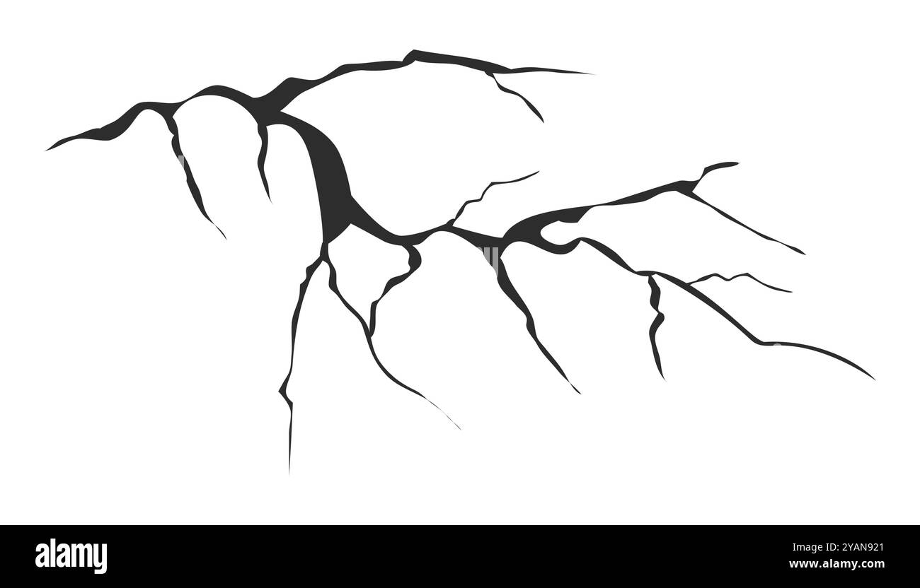 Vetro incrinato, parete, uovo, fessure nella vista dall'alto del terreno. Calcestruzzo, fessure da disastri, superficie da terremoto, terreno rotto rovinato, disegnato a mano. Illustrazione vettoriale Illustrazione Vettoriale