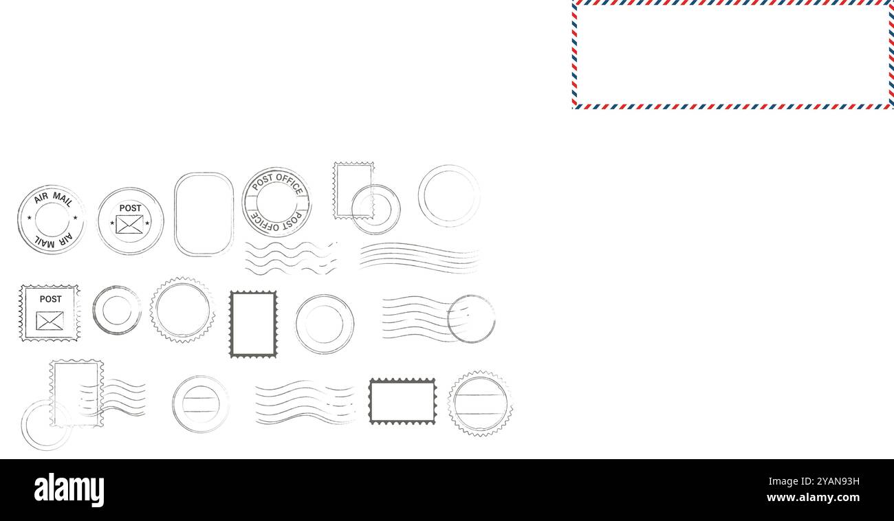 Set di francobolli postali, sigilli e marchi postali. Modello di consegna posta vuoto. Marchio cartaceo simbolo della corrispondenza, posta, posta aerea. Linee ondulate. Illustrazione vettoriale Illustrazione Vettoriale