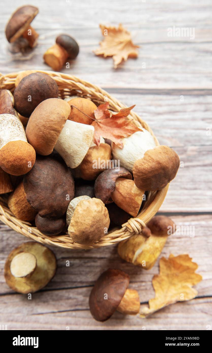 Un cesto rustico trabocca di vari funghi selvatici accanto a foglie autunnali colorate, appoggiato su un tavolo in legno, evocando una calda atmosfera stagionale Foto Stock