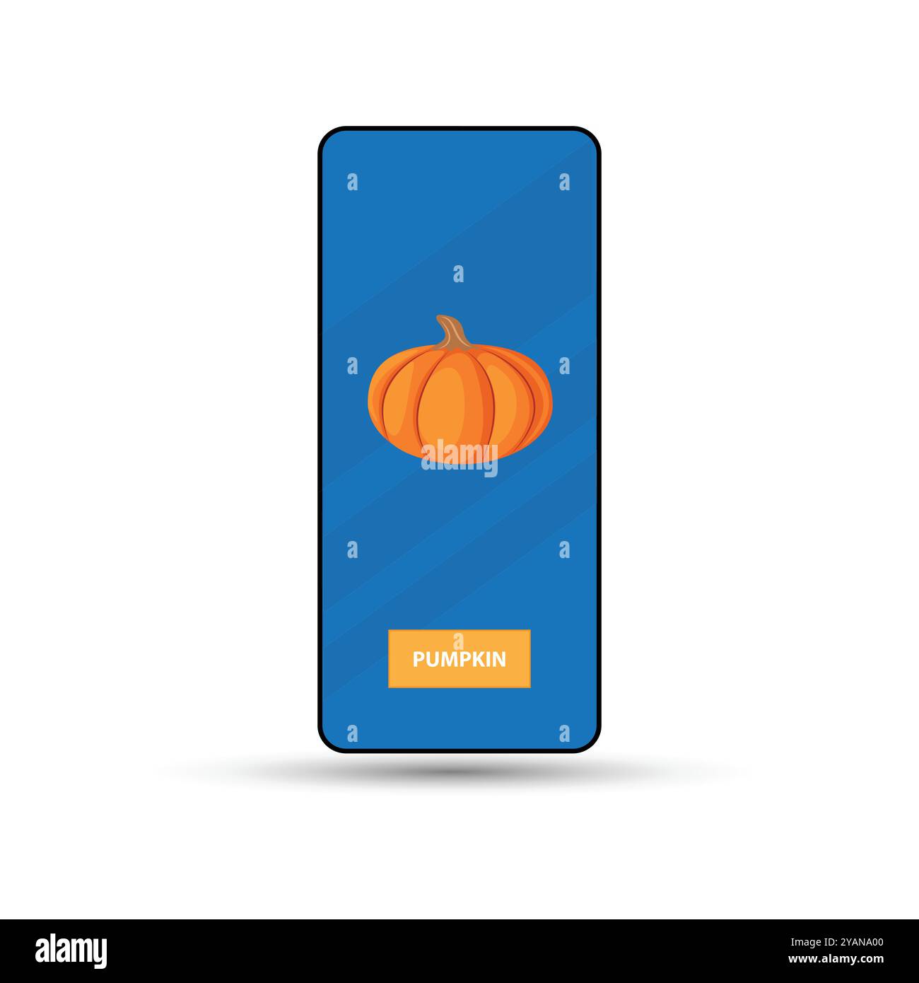 Applicazione mobile su smartphone con zucca e pulsante arancione, concetto di apprendimento delle verdure, concetto autunnale Illustrazione Vettoriale