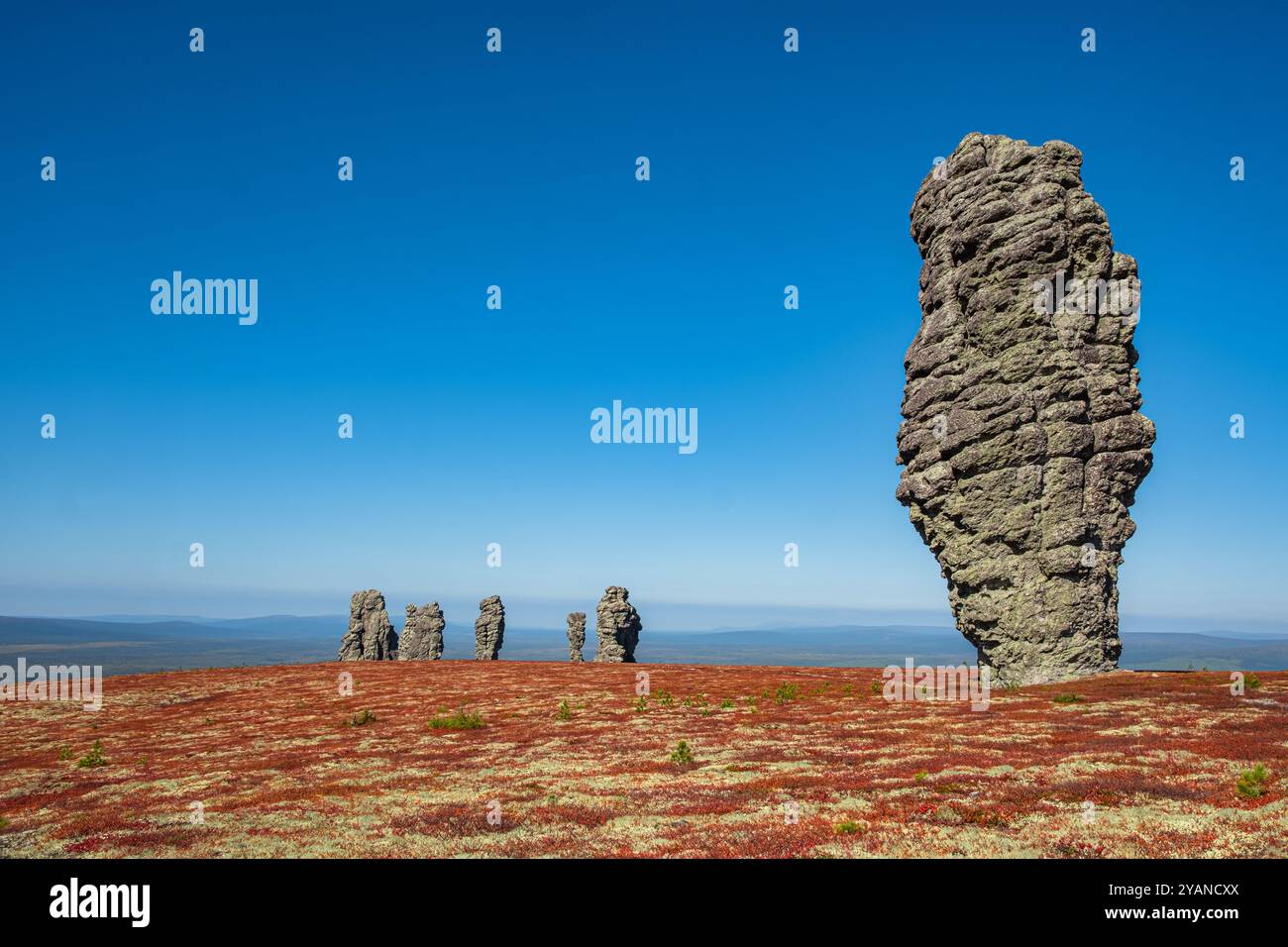 Scopri le maestose colonne manpupuner nella repubblica russa dei komi, che si innalzano sulle montagne degli urali Foto Stock