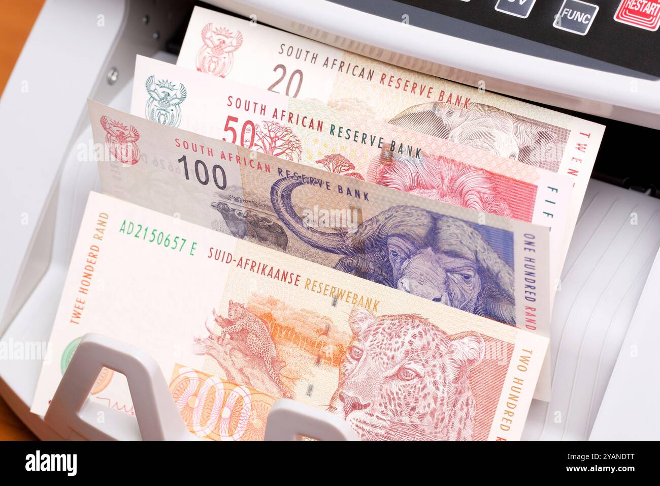 Soldi sudafricani - rand nella macchina di conteggio Foto Stock